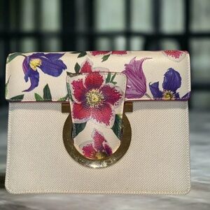 Salvatore Ferragamo Cream Floral Clutch with Gold Accent